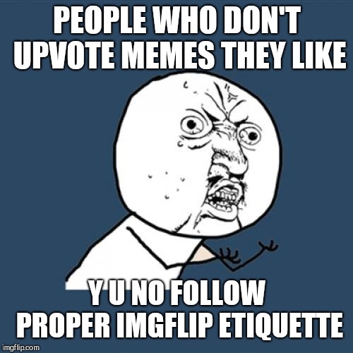 Y U No Meme | PEOPLE WHO DON'T UPVOTE MEMES THEY LIKE Y U NO FOLLOW PROPER IMGFLIP ETIQUETTE | image tagged in memes,y u no | made w/ Imgflip meme maker