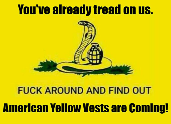 American Yellow Vests are Coming! | You've already tread on us. American Yellow Vests are Coming! | image tagged in gadsden flag,yellow vests,don't tread on us,militia,3 percenters | made w/ Imgflip meme maker