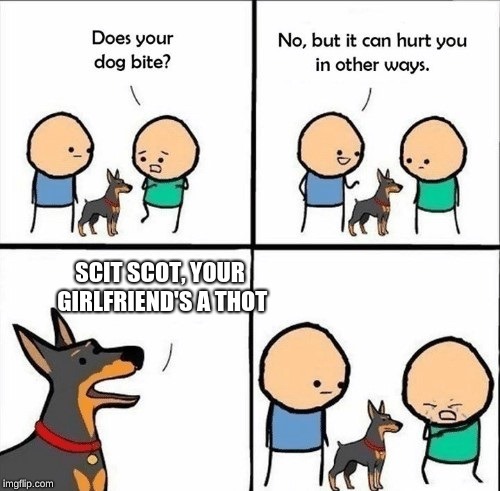 does your dog bite | SCIT SCOT, YOUR GIRLFRIEND'S A THOT | image tagged in does your dog bite | made w/ Imgflip meme maker