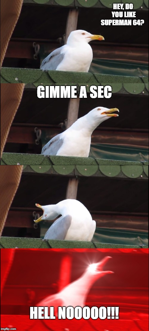 Inhaling Seagull | HEY, DO YOU LIKE SUPERMAN 64? GIMME A SEC; HELL NOOOOO!!! | image tagged in memes,inhaling seagull | made w/ Imgflip meme maker