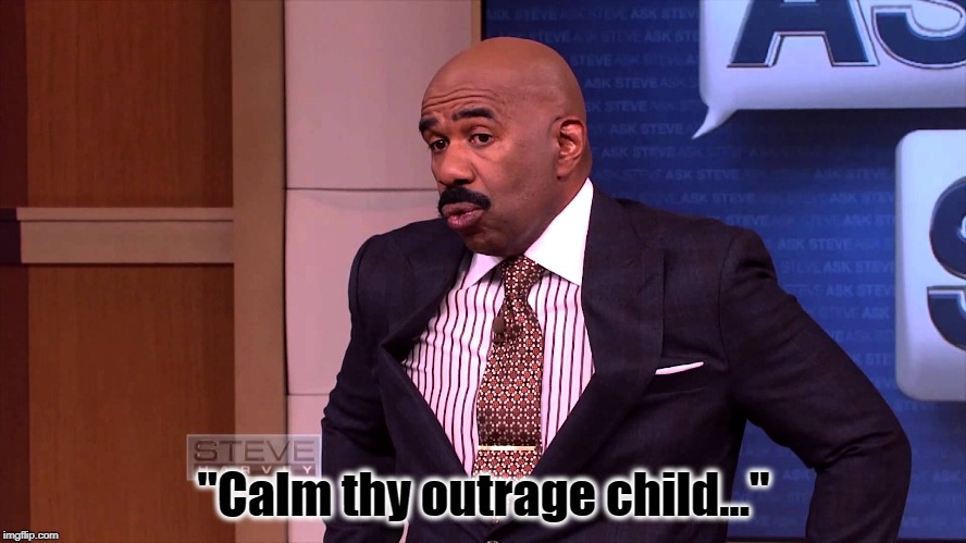 Calm Thyself | "Calm thy outrage child..." | image tagged in steve harvey,oh really,chill,relax,keep calm,child | made w/ Imgflip meme maker