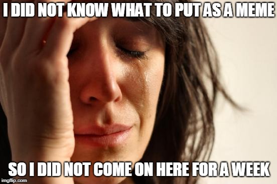 First World Problems | I DID NOT KNOW WHAT TO PUT AS A MEME; SO I DID NOT COME ON HERE FOR A WEEK | image tagged in memes,first world problems | made w/ Imgflip meme maker