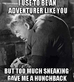 I USE TO BE AN ADVENTURER LIKE YOU; BUT TOO MUCH SNEAKING GAVE ME A HUNCHBACK | image tagged in the hunchback of notre dame,skyrim guard | made w/ Imgflip meme maker
