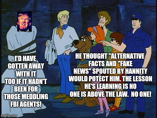 No One Is Above The Law | I'D HAVE GOTTEN AWAY WITH IT TOO IF IT HADN'T BEEN FOR THOSE MEDDLING FBI AGENTS! HE THOUGHT "ALTERNATIVE FACTS AND "FAKE NEWS" SPOUTED BY HANNITY WOULD POTECT HIM. THE LESSON HE'S LEARNING IS NO ONE IS ABOVE THE LAW.  NO ONE! | image tagged in scooby doo meddling kids,law,laws,trump unfit unqualified dangerous,fbi investigation,memes | made w/ Imgflip meme maker