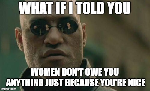 Matrix Morpheus Meme | WHAT IF I TOLD YOU WOMEN DON'T OWE YOU ANYTHING JUST BECAUSE YOU'RE NICE | image tagged in memes,matrix morpheus | made w/ Imgflip meme maker