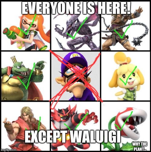 Smash Bros Ultimate Not You | EVERYONE IS HERE! EXCEPT WALUIGI; WHY THE PLANT... | image tagged in smash bros ultimate not you | made w/ Imgflip meme maker