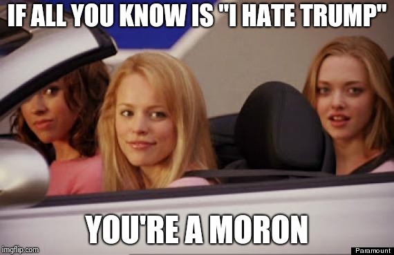 Get In Loser | IF ALL YOU KNOW IS "I HATE TRUMP" YOU'RE A MORON | image tagged in get in loser | made w/ Imgflip meme maker