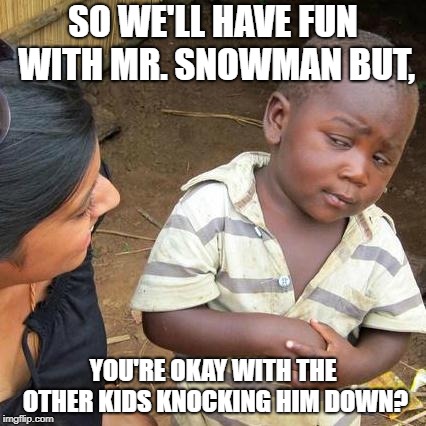 Don't let them! | SO WE'LL HAVE FUN WITH MR. SNOWMAN BUT, YOU'RE OKAY WITH THE OTHER KIDS KNOCKING HIM DOWN? | image tagged in memes,third world skeptical kid,snowmen,holidays,christmas | made w/ Imgflip meme maker