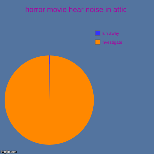 horror movie hear noise in attic | investigate, run away | image tagged in funny,pie charts | made w/ Imgflip chart maker