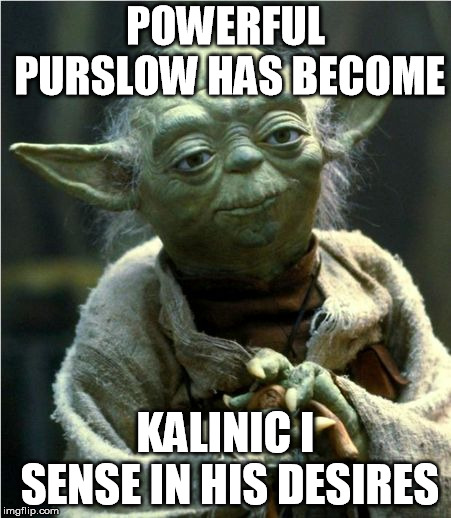 Jedi Master Yoda | POWERFUL PURSLOW HAS BECOME; KALINIC I SENSE IN HIS DESIRES | image tagged in jedi master yoda | made w/ Imgflip meme maker