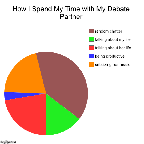 How I Spend My Time with My Debate Partner | criticizing her music, being productive, talking about her life, talking about my life, random  | image tagged in funny,pie charts | made w/ Imgflip chart maker