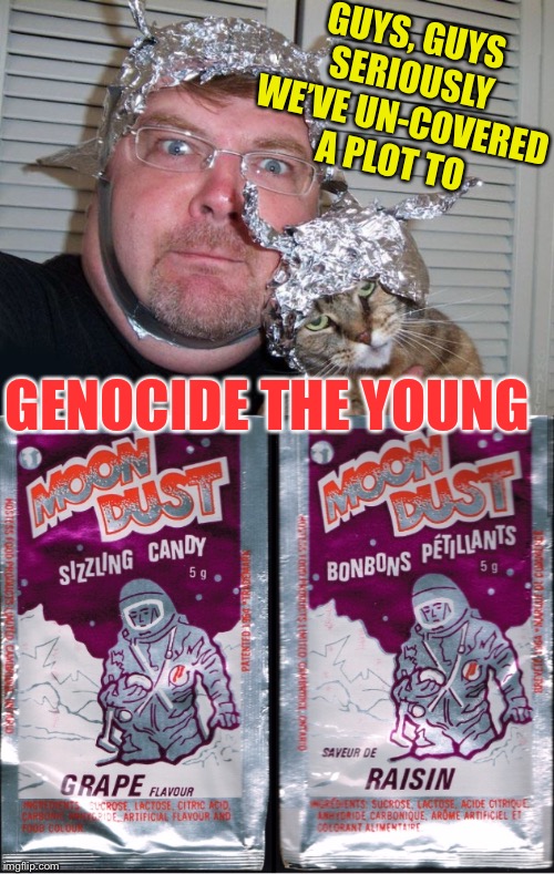 GUYS, GUYS SERIOUSLY WE’VE UN-COVERED A PLOT TO GENOCIDE THE YOUNG | image tagged in tin foil hat | made w/ Imgflip meme maker