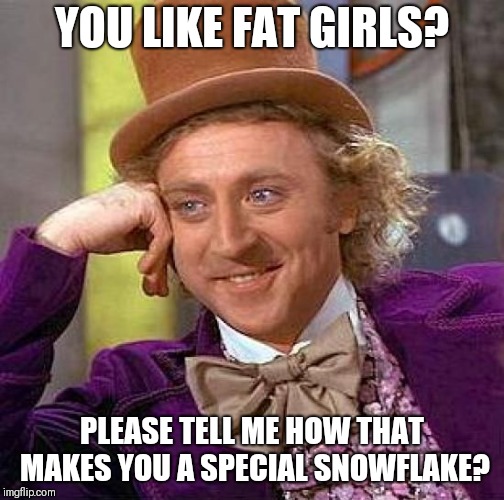 Creepy Condescending Wonka | YOU LIKE FAT GIRLS? PLEASE TELL ME HOW THAT MAKES YOU A SPECIAL SNOWFLAKE? | image tagged in memes,creepy condescending wonka | made w/ Imgflip meme maker