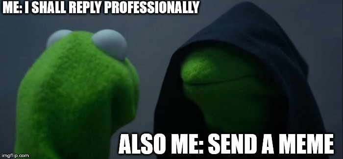Evil Kermit Meme | ME: I SHALL REPLY PROFESSIONALLY; ALSO ME: SEND A MEME | image tagged in memes,evil kermit | made w/ Imgflip meme maker