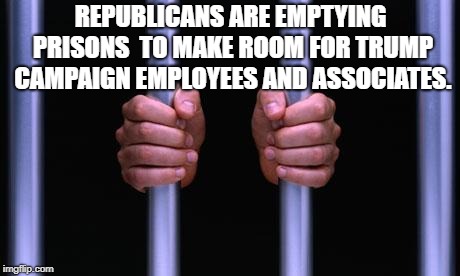 Prison Bars | REPUBLICANS ARE EMPTYING PRISONS  TO MAKE ROOM FOR TRUMP CAMPAIGN EMPLOYEES AND ASSOCIATES. | image tagged in prison bars | made w/ Imgflip meme maker