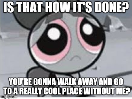Sad Blossom | IS THAT HOW IT'S DONE? YOU'RE GONNA WALK AWAY AND GO TO A REALLY COOL PLACE WITHOUT ME? | image tagged in sad blossom | made w/ Imgflip meme maker