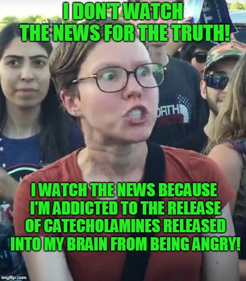 A lot of people wouldn't know what to do without conflict. | I DON'T WATCH THE NEWS FOR THE TRUTH! I WATCH THE NEWS BECAUSE I'M ADDICTED TO THE RELEASE OF CATECHOLAMINES RELEASED INTO MY BRAIN FROM BEING ANGRY! | image tagged in triggered girl | made w/ Imgflip meme maker
