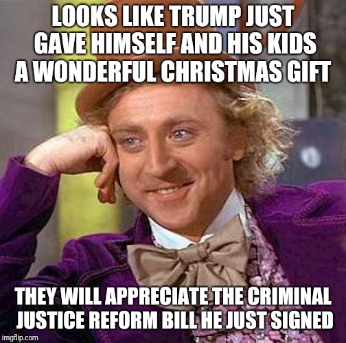 Creepy Condescending Wonka | LOOKS LIKE TRUMP JUST GAVE HIMSELF AND HIS KIDS A WONDERFUL CHRISTMAS GIFT; THEY WILL APPRECIATE THE CRIMINAL JUSTICE REFORM BILL HE JUST SIGNED | image tagged in memes,creepy condescending wonka | made w/ Imgflip meme maker