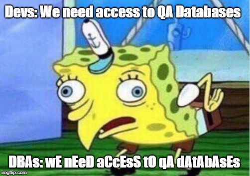 Mocking Spongebob | Devs: We need access to QA Databases; DBAs: wE nEeD aCcEsS tO qA dAtAbAsEs | image tagged in memes,mocking spongebob | made w/ Imgflip meme maker