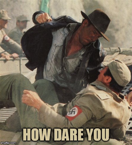 Indiana Jones Punching Nazis | HOW DARE YOU | image tagged in indiana jones punching nazis | made w/ Imgflip meme maker