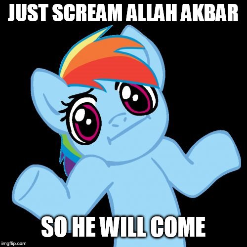 Pony Shrugs Meme | JUST SCREAM ALLAH AKBAR SO HE WILL COME | image tagged in memes,pony shrugs | made w/ Imgflip meme maker