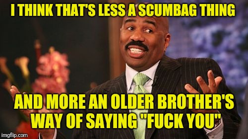 Steve Harvey Meme | I THINK THAT'S LESS A SCUMBAG THING AND MORE AN OLDER BROTHER'S WAY OF SAYING "F**K YOU" | image tagged in memes,steve harvey | made w/ Imgflip meme maker