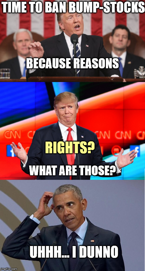 Ban bump-stocks... Huh? What rights? | TIME TO BAN BUMP-STOCKS; BECAUSE REASONS; RIGHTS? WHAT ARE THOSE? UHHH... I DUNNO | image tagged in 2nd amendment,ban,rights,trump,obama,idk | made w/ Imgflip meme maker