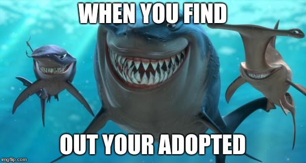 Fish are friends not food | WHEN YOU FIND; OUT YOUR ADOPTED | image tagged in fish are friends not food | made w/ Imgflip meme maker