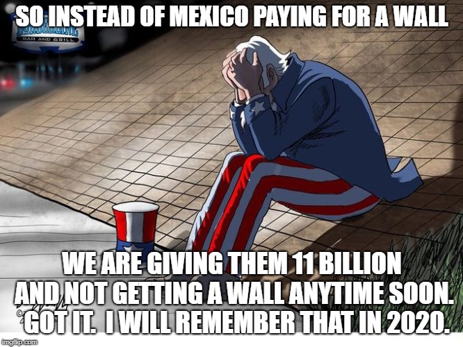 Mexico will pay for the wall | SO INSTEAD OF MEXICO PAYING FOR A WALL; WE ARE GIVING THEM 11 BILLION AND NOT GETTING A WALL ANYTIME SOON.  GOT IT.  I WILL REMEMBER THAT IN 2020. | image tagged in border,build a wall,mexico wall | made w/ Imgflip meme maker
