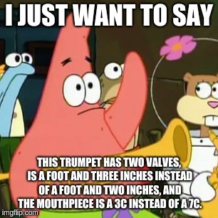 No Patrick | I JUST WANT TO SAY; THIS TRUMPET HAS TWO VALVES, IS A FOOT AND THREE INCHES INSTEAD OF A FOOT AND TWO INCHES, AND THE MOUTHPIECE IS A 3C INSTEAD OF A 7C. | image tagged in memes,no patrick | made w/ Imgflip meme maker