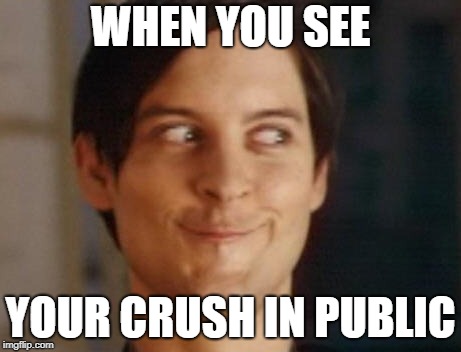 Spiderman Peter Parker | WHEN YOU SEE; YOUR CRUSH IN PUBLIC | image tagged in memes,spiderman peter parker | made w/ Imgflip meme maker