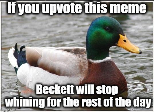 Actual Advice Mallard | If you upvote this meme; Beckett will stop whining for the rest of the day | image tagged in actual advice mallard,great advice | made w/ Imgflip meme maker