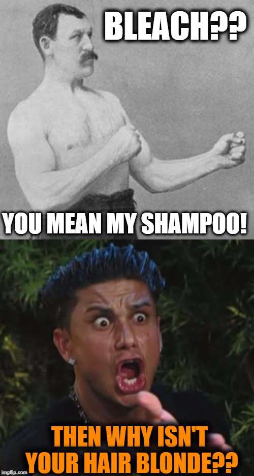 Overly Manly Man | BLEACH?? YOU MEAN MY SHAMPOO! THEN WHY ISN'T YOUR HAIR BLONDE?? | image tagged in overly manly man,for crying out loud | made w/ Imgflip meme maker