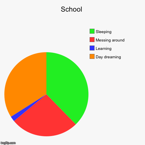 School | Day dreaming, Learning, Messing around, Sleeping | image tagged in funny,pie charts | made w/ Imgflip chart maker