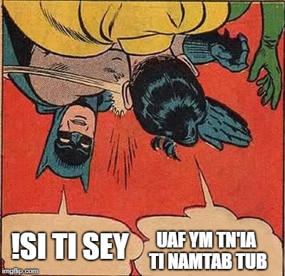 But Batman. It was An Accident!  I Didnt mean to put this Meme upside Down | !SI TI SEY; UAF YM TN'IA TI NAMTAB TUB | image tagged in memes,batman slapping robin | made w/ Imgflip meme maker