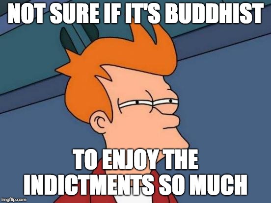 Futurama Fry | NOT SURE IF IT'S BUDDHIST; TO ENJOY THE INDICTMENTS SO MUCH | image tagged in memes,futurama fry | made w/ Imgflip meme maker