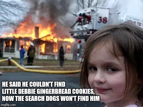 Disaster Girl | HE SAID HE COULDN'T FIND LITTLE DEBBIE GINGERBREAD COOKIES, NOW THE SEARCH DOGS WON'T FIND HIM | image tagged in memes,disaster girl | made w/ Imgflip meme maker