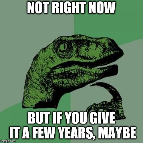 Philosoraptor Meme | NOT RIGHT NOW BUT IF YOU GIVE IT A FEW YEARS, MAYBE | image tagged in memes,philosoraptor | made w/ Imgflip meme maker