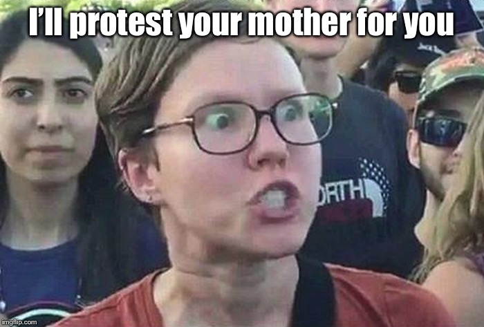 Triggered Liberal | I’ll protest your mother for you | image tagged in triggered liberal | made w/ Imgflip meme maker