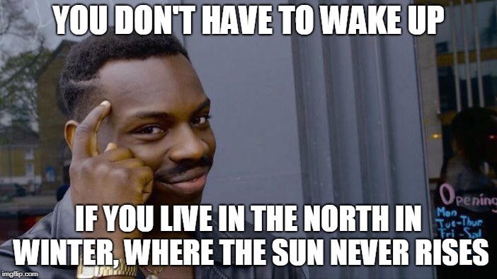 Roll Safe Think About It | YOU DON'T HAVE TO WAKE UP; IF YOU LIVE IN THE NORTH IN WINTER, WHERE THE SUN NEVER RISES | image tagged in memes,roll safe think about it | made w/ Imgflip meme maker