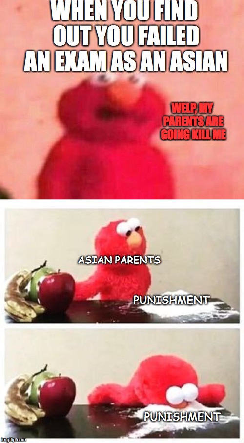 WHEN YOU FIND OUT YOU FAILED AN EXAM AS AN ASIAN; WELP, MY PARENTS ARE GOING KILL ME; ASIAN PARENTS; PUNISHMENT; PUNISHMENT | image tagged in elmo cocaine,spooked elmo | made w/ Imgflip meme maker