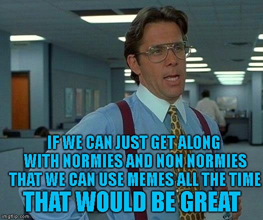 That Would Be Great Meme | IF WE CAN JUST GET ALONG WITH NORMIES AND NON NORMIES THAT WE CAN USE MEMES ALL THE TIME THAT WOULD BE GREAT | image tagged in memes,that would be great | made w/ Imgflip meme maker