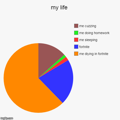 my life | me diying in fortnite, fortnite, me sleeping, me doing homework, me cuzzing | image tagged in funny,pie charts | made w/ Imgflip chart maker