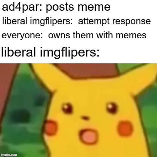 ad4par: posts meme liberal imgflipers:  attempt response everyone:  owns them with memes liberal imgflipers: | image tagged in memes,surprised pikachu | made w/ Imgflip meme maker