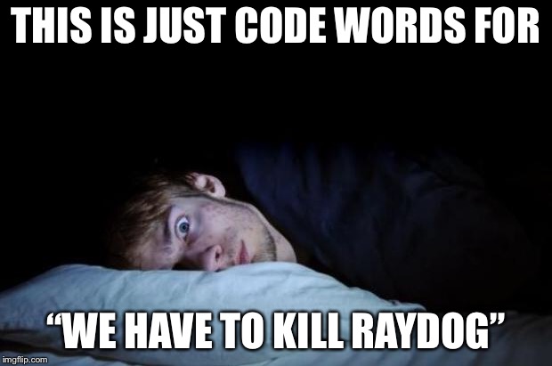 Insomnia | THIS IS JUST CODE WORDS FOR “WE HAVE TO KILL RAYDOG” | image tagged in insomnia | made w/ Imgflip meme maker