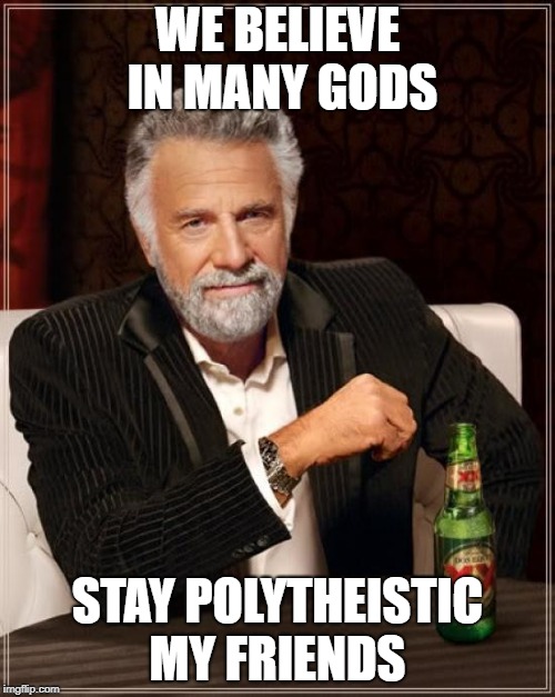 The Most Interesting Man In The World | WE BELIEVE IN MANY GODS; STAY POLYTHEISTIC MY FRIENDS | image tagged in memes,the most interesting man in the world | made w/ Imgflip meme maker