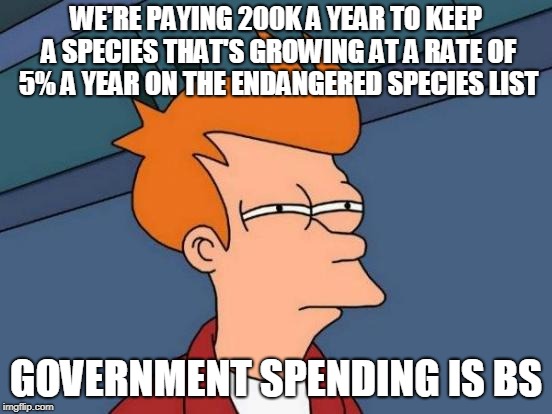 Futurama Fry Meme | WE'RE PAYING 200K A YEAR TO KEEP A SPECIES THAT'S GROWING AT A RATE OF 5% A YEAR ON THE ENDANGERED SPECIES LIST GOVERNMENT SPENDING IS BS | image tagged in memes,futurama fry | made w/ Imgflip meme maker