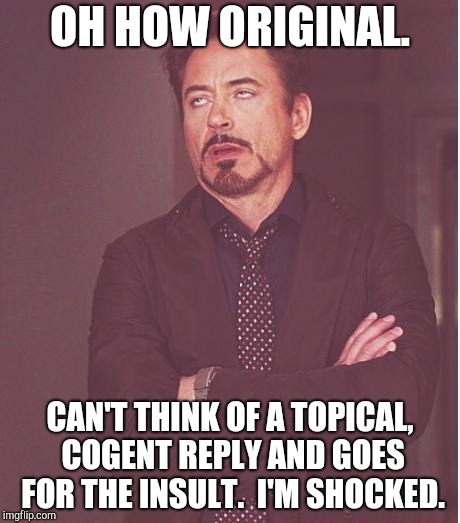 Face You Make Robert Downey Jr Meme | OH HOW ORIGINAL. CAN'T THINK OF A TOPICAL, COGENT REPLY AND GOES FOR THE INSULT.  I'M SHOCKED. | image tagged in memes,face you make robert downey jr | made w/ Imgflip meme maker