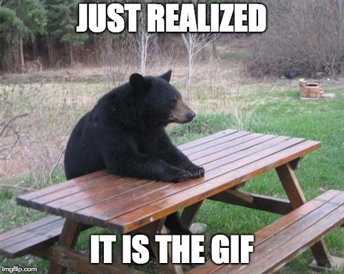 Bad Luck Bear Meme | JUST REALIZED IT IS THE GIF | image tagged in memes,bad luck bear | made w/ Imgflip meme maker