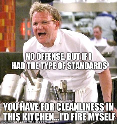 Message to my idiot stuff @ work | NO OFFENSE, BUT IF I HAD THE TYPE OF STANDARDS; YOU HAVE FOR CLEANLINESS IN THIS KITCHEN...I'D FIRE MYSELF | image tagged in memes,chef gordon ramsay,angry chef gordon ramsay | made w/ Imgflip meme maker